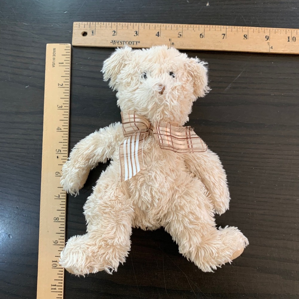 Douglas Cuddle Toy Cream Shaggy Teddy Bear Plaid Bow‎ Plush 10 Inch